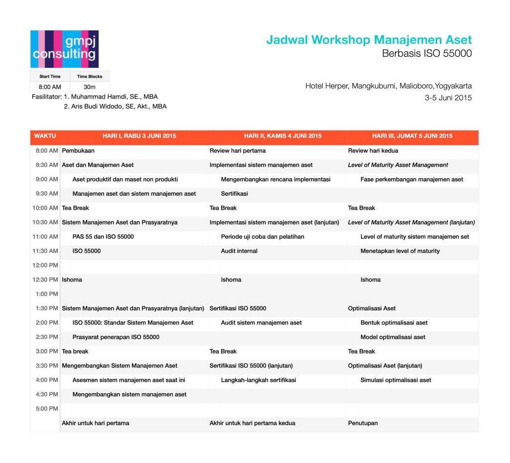 Jadwal dan Rundown Acara Pelatihan Manajemen Aset Berbasis ISO 55000 Bulan Juni&nbsp;2015