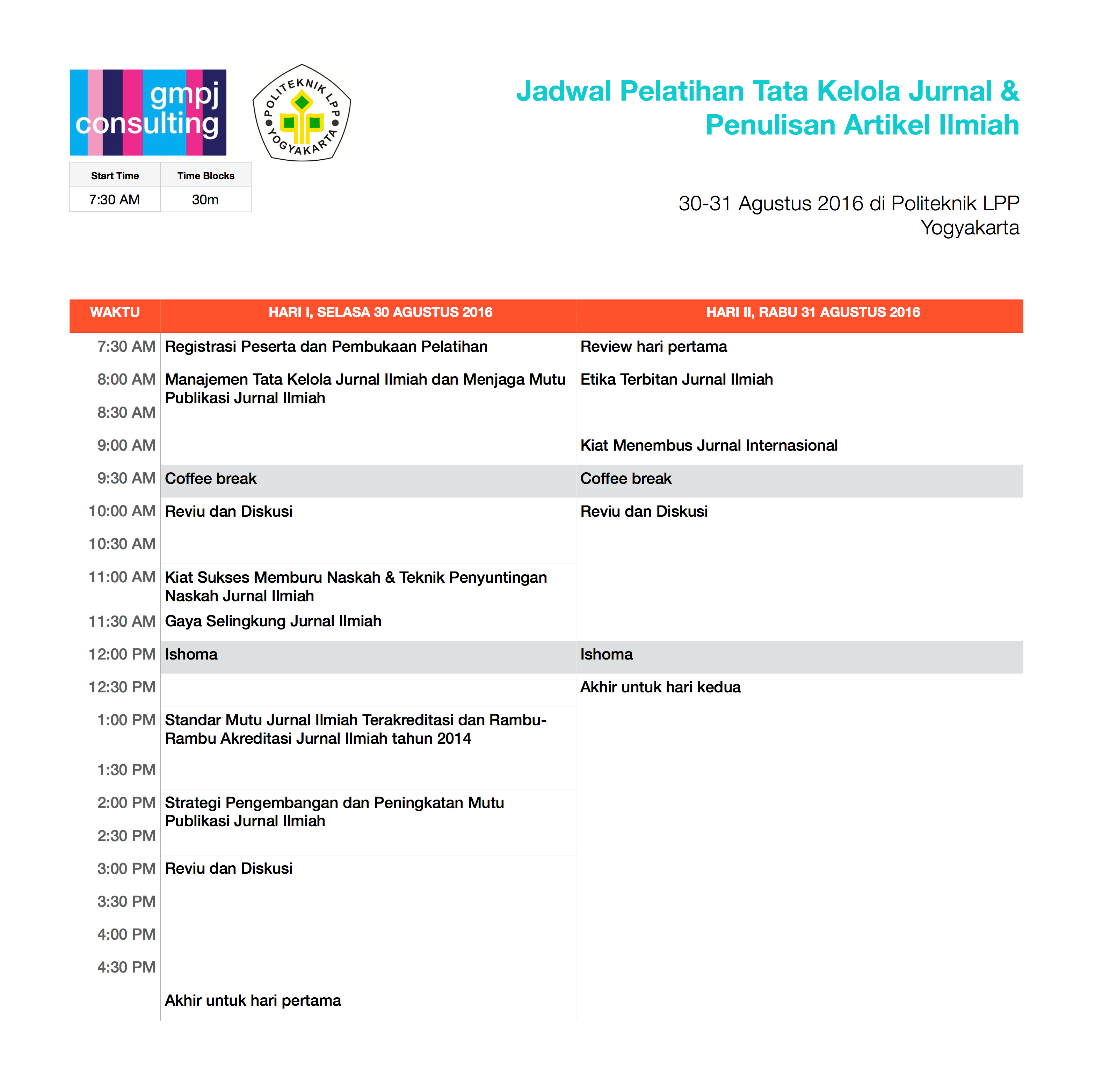 Workshop Penulisan Jurnal Ilmiah 30-31 Agustus 2016